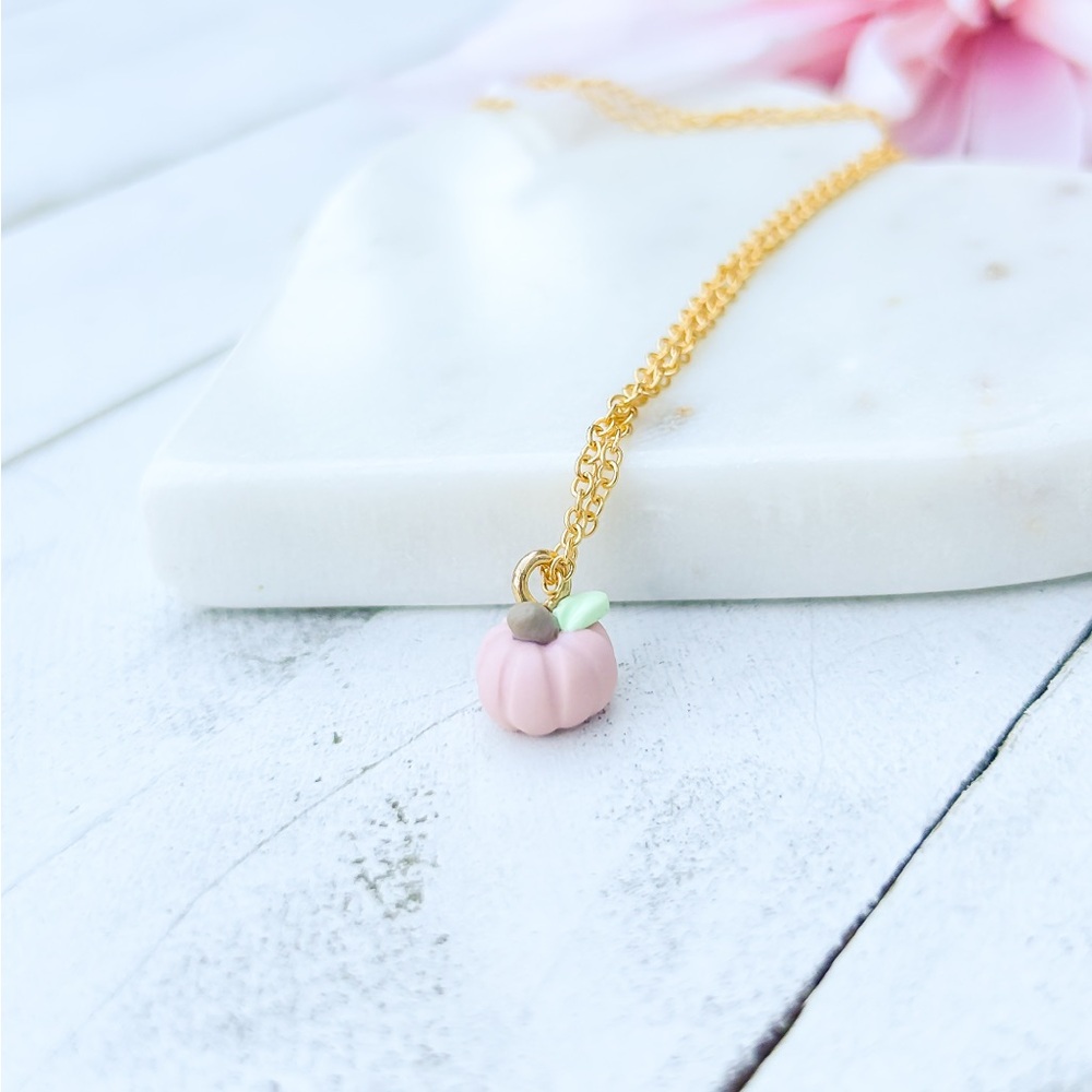 Gold Pink Pumpkin Charm Pendant Necklace Halloween jewelry, gold plated